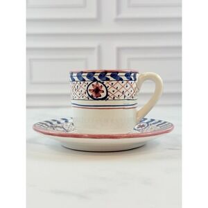 VTG 1983 Casafina Portugal Hand Painted Demitasse Cup and Saucer Blue Pink